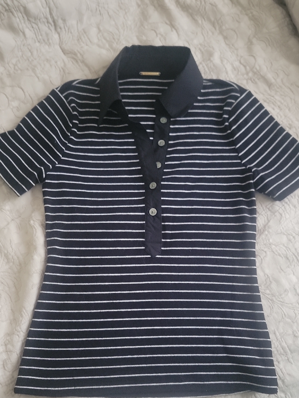 Ellie Tahari Women Navy and White Striped Polo Top